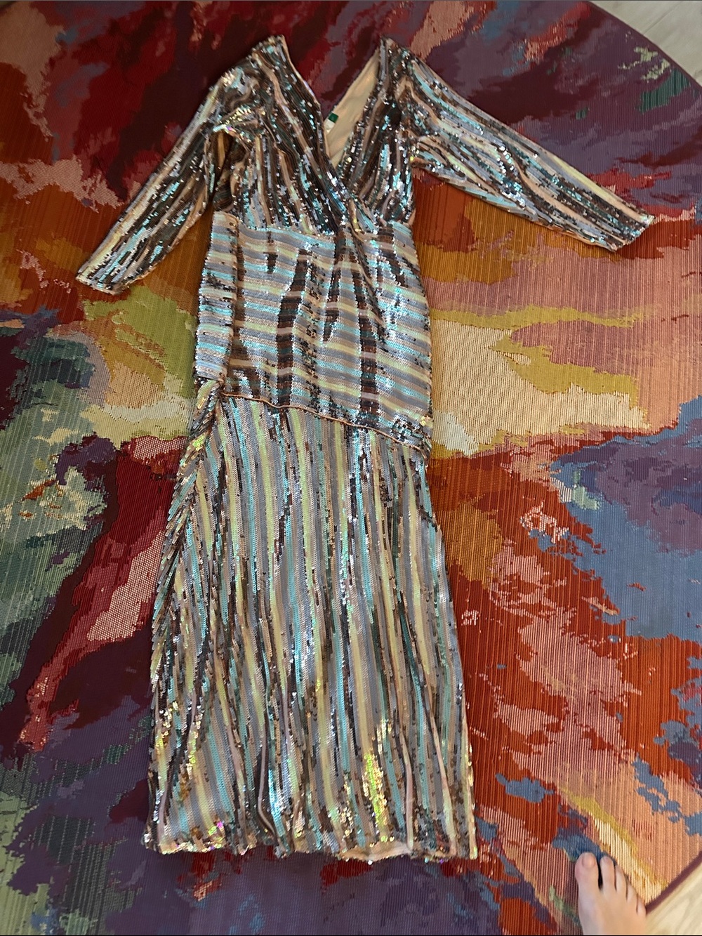 Rixo. Sequin Striped V-Neck Midi Dress - Silver and pink. Add some sparkle!